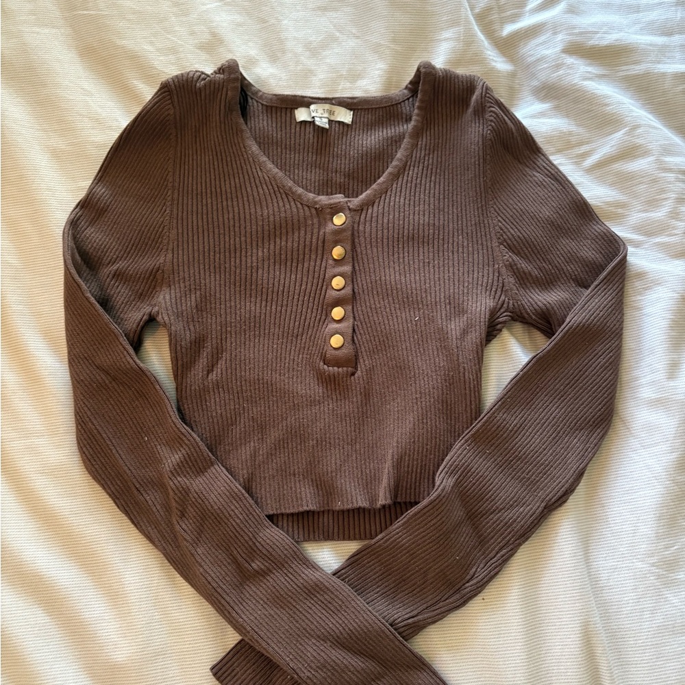 Love Tree Brown Ribbed Crop Top with Buttons
